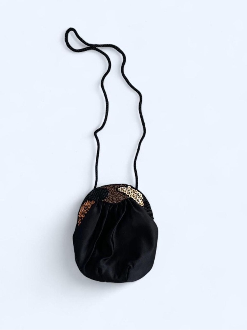 Vintage black satin handmade purse with gold sequin‎ details